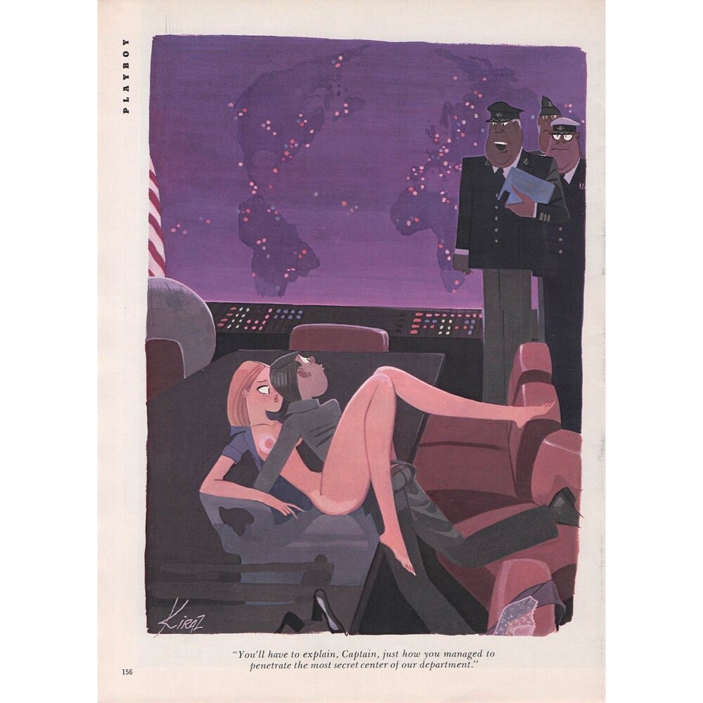 Vintage Cartoon Art funny humor sexy woman spy playboy long legs purple military